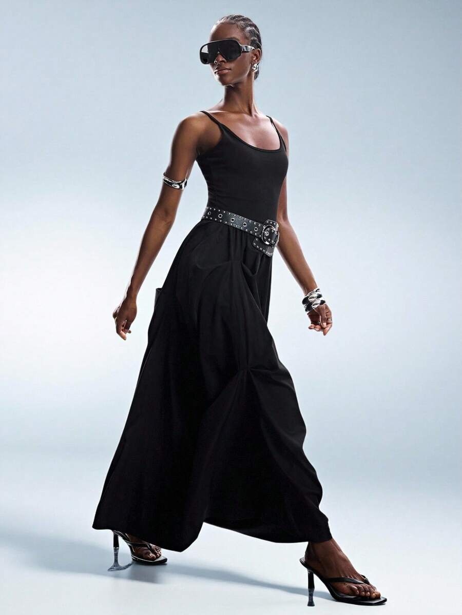 GENKIRA 黑色纯色休闲简约混搭修身吊带连衣裙，不对称下摆设计，褶皱荷叶边下摆，长款连衣裙 - 黑色 - 查看 1