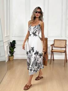 Easowa Vestido midi de mujer de estilo bohemio casual de vacaciones con estampado de plantas, tirantes finos, vestido midi de mujer elegante en blanco y negro con tirantes finos y estampado floral de palmeras para el verano, vestido midi de mujer con estampado botánico único de cuello en V sin mangas con silueta evasé, vestido de mujer de vacaciones, vestido de mujer de verano con estampado tropical, vestido midi de mujer de verano, vestido de primavera de mujer, vestido de Pascua de mujer, vestido de playa de mujer, conjuntos de vacaciones de verano, vestido de vacaciones, vestido de verano bohemio de mujer, vestido de sol de mujer - Multicolor - Ver 4