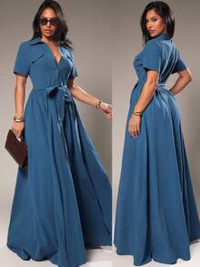 Radiana Casual Blue Woven Fabric Maxi Shirt Dress With Collar And Short Sleeves Flared Hem And Pockets - Blue - View 7
