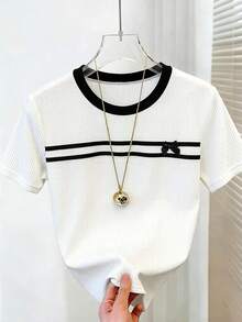 Lyxana Camiseta casual de mujer con bloques de color, rayas y decoración de lazo, para verano - Blanco - Ver 1