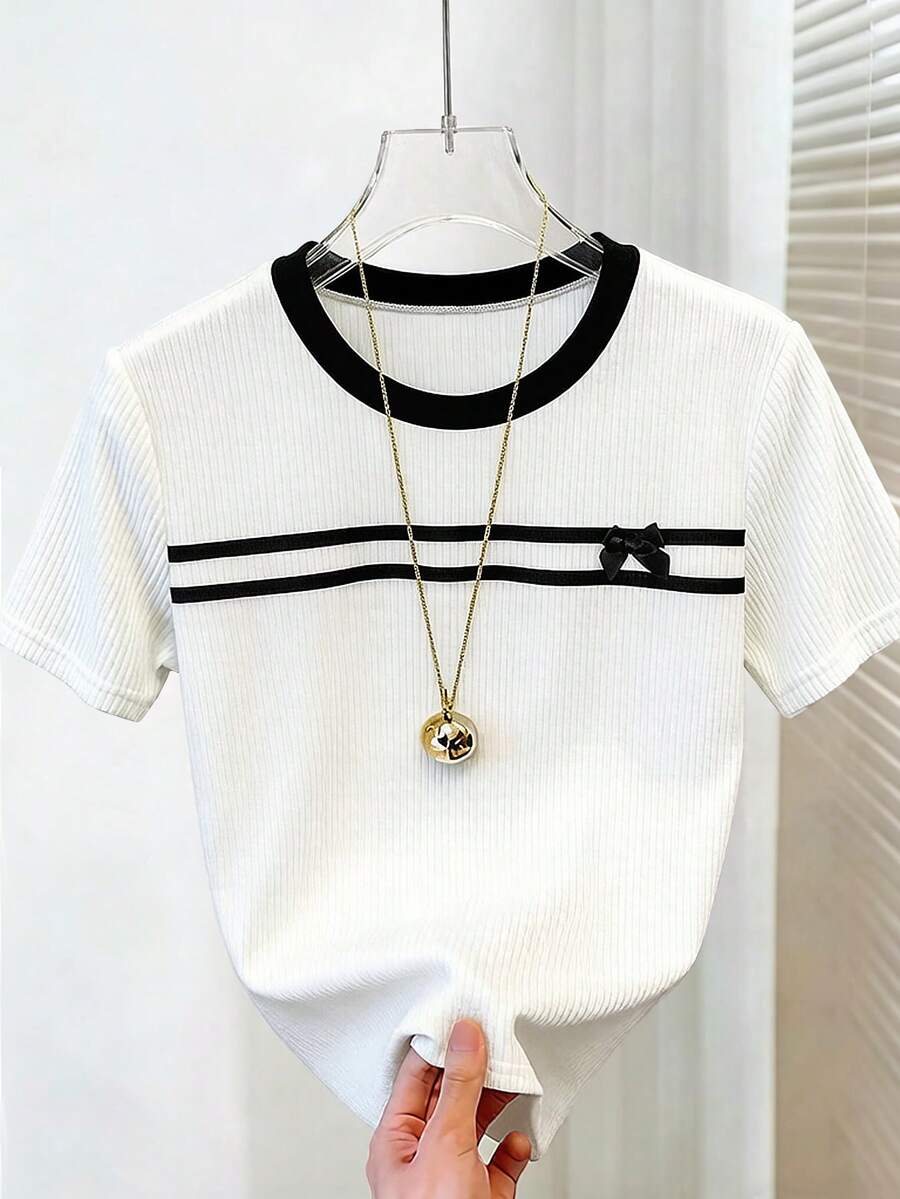 Lyxana Camiseta casual de mujer con bloques de color, rayas y decoración de lazo, para verano - Blanco - Ver 1