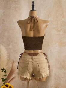 SaltGleam SaltGleam Women's Brown Hollow-Out Sequin Five-Pointed Star Design Backless Halter Top, Vacation & Casual Wear, Spring/Summer - Brown - View 2