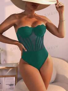 SHEIN Swim Traje de baño de una pieza con empuje hacia arriba de malla de contraste con falda transparente de playa de verano - Verde Oscuro - Ver 3