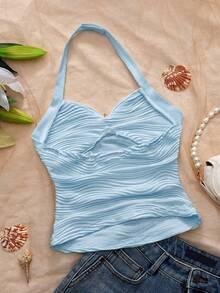 SHEIN 白色海星吊带背心 | 短款褶皱修身可拆卸蝴蝶结上衣，适合少女穿着，清新简洁的短款设计，海星装饰搭配珍珠链 | 海洋风甜美元素，精致的吊带设计搭配可拆卸蝴蝶结 | 弹性十足，可调节穿着方式，褶皱修身面料 | 贴合身形不紧绷，舒适时尚 - 藍色 - 查看 2