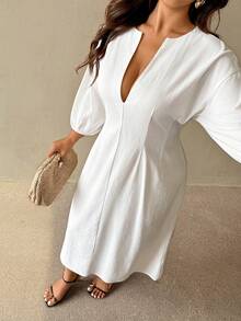 Auralis Plus Size Casual Solid Color Deep V-Neck Dress Work Outfits For Women Office Outfits For Women Office Attire For Women White Dress White Dresses For Women - White - View 4