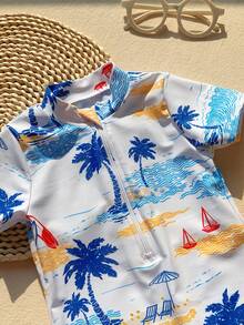 SHEIN Bubblio Baby Boy Minimalist Coconut Tree Pattern Casual Round Neck Short Sleeve Romper Swimsuit, Suitable For Summer, Spring/Summer Wear, Home, Outing, Beach - Multicolor - View 4
