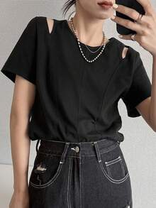FRIFUL Women's Summer Spring Solid Color Slim Fit Flattering Versatile Short Sleeve T-Shirt - Black - View 9