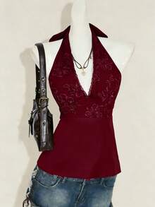 Sweetra 性感蕾丝V领露背设计，饰以精致花卉滚边，复古棕色束腰无袖上衣，夏季度假风 - 紅色 - 查看 4