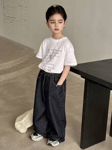 DAZY Jeans rectos de cintura elástica con bolsillo en diagonal de unicolor para niño preadolescente - Azul - Ver 6