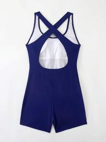 SHEIN Swim SPRTY Áo tắm liền thân màu đen ôm sát lưng chữ Y dành cho nữ, thích hợp cho mùa hè. - Màu xanh hải quân - Xem 4