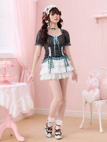 Sweetness Cute Polka Dot & Lace Patchwork Blouse, Summer - Brown - View 7