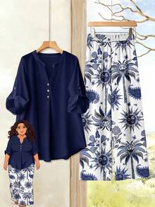 Rusticease Bộ đồ thể thao tối giản phong cách nghỉ dưỡng đảo nhiệt đới, gồm áo in hình cây dừa và hoa hướng dương, gồm áo và quần ống rộng, thích hợp cho mùa xuân/hè, công sở, du lịch, và cả người có vóc dáng ngoại cỡ. - Nhiều màu - Xem 1