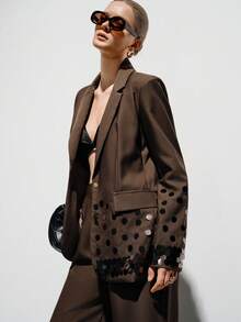 Aveloria Modichic Mocha Brown Suit Set For Women,Brown Polka Dot,Summer,Elegant,Party Night,Wide-Shoulder Blazer Jacket & Straight-Leg Pants,Handcrafted Metal Sequin - Brown - View 4