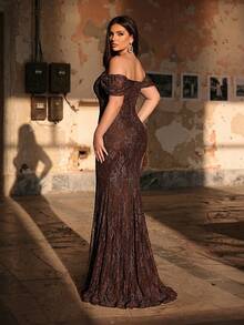 Aureia Plus Size Elegant Brown Winter Evening Formal Party Dress, Off-Shoulder Luxury Pearl & Rhinestone French Lace Mermaid Gown With Train Fishtail - Brown - View 5