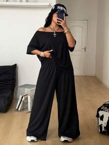 Coolane 女士大码春夏简约街头风日常休闲运动舒适露肩T恤和阔腿运动裤两件套 - 黑色 - 查看 2