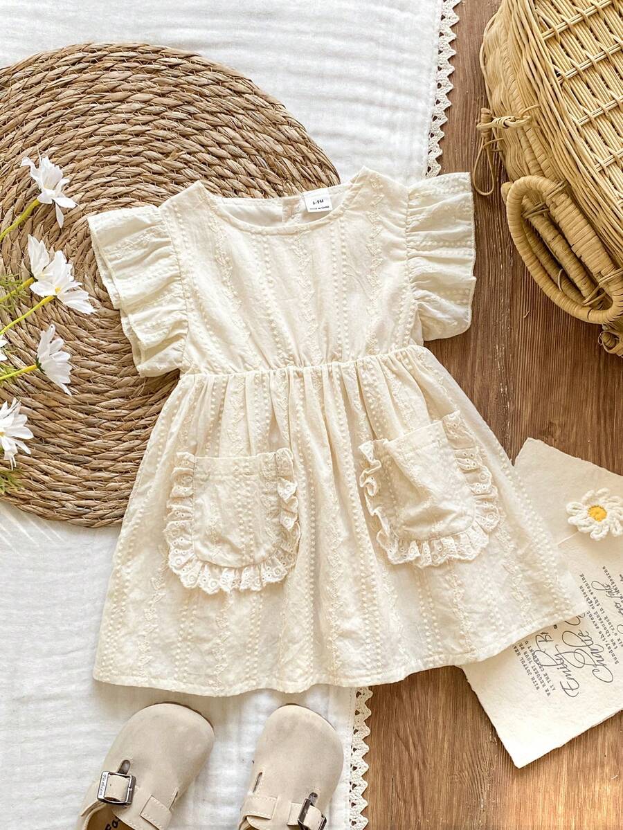 Vintaside Kids Baby Girls' Summer Beige Sweet Fresh Jacquard Ruffle Hem A-Line Dress, Loose Fit, Suitable For Daily Outings, Casual Trips, Family Gatherings, Birthday Parties - Multicolor - View 1