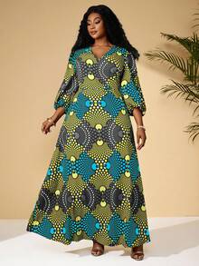 EMERY ROSE Plus Size Casual Allover Print Lantern Sleeve Dress Plus Size Dress African Plus Size Dresses African Print Dress - Yellow - View 5