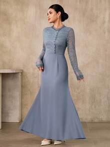 Graceveil Robe longue pour femmes avec col montant, patchwork en dentelle et taille cintrée - Bleu gris - Voir 3