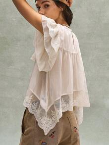 SHEIN BohoFeels Blusa de mujer de estilo bohemio francés romántico para vacaciones de verano, con bordados, volantes y encaje, de estilo libre y casual. Estilo de vestir libre y relajado, disfraz de mujer para carnaval, playa, vacaciones de verano - Albaricoque - Ver 4