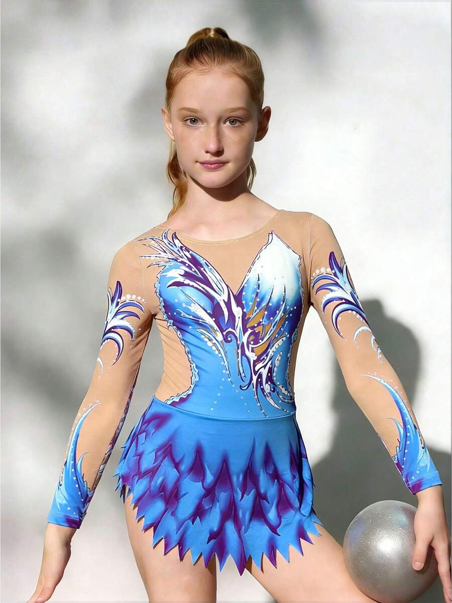 SHEIN Tween Girl Printed Round Neck Long Sleeve Asymmetric Hem Jumpsuit - Multicolor - View 1