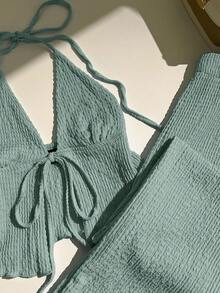 Elamini Textured Fabric Pleated Halter Loose Wide Leg Pants Set - Green - View 3