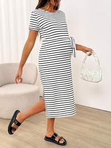 SHEIN 孕妇夏季休闲度假通勤条纹印花高开衩腰部系带连衣裙 - 白色 - 查看 4