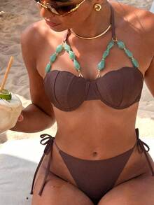 Swim Chiccia 夏季度假性感吊带配饰贝壳杯露背比基尼套装 - 棕色 - 查看 1