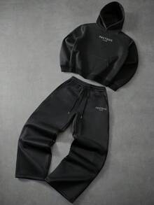 Manfinity Roghcode Men's Slogan & Floral Print Hoodie And Pants Casual Tracksuit Set - Black - View 2