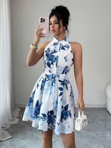 SHEIN Elenzya 无袖碎花收腰A字优雅浪漫女装 - 彩色 - 查看 7