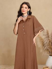 Al Najma Gaun Wanita Lengan Pendek Kerah Kemeja Desain Rumbai Retro, Gaya Arab Kasual - Kopi - View 3