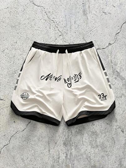 EVRINFINITE 1件男士男友风宽松条纹字母印花抽绳腰休闲百慕大短裤，适合运动、跑步、夏季、篮球等场合。