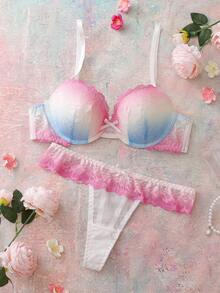 Elorette 2 piezas Conjunto de sujetador balconette con encaje de flores y degradado de color, sujetador con aros de alto soporte y push up, sujetador cómodo de uso diario para mujer, primavera/verano - Rosa - Ver 6