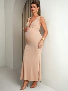 MaterniChic Maternity Dress For Gender Reveal Party, Summer Elegant Peach Solid Color Deep V-Neck Cross-Back Fitted Silhouette High Elastic Comfortable - Apricot - View 7