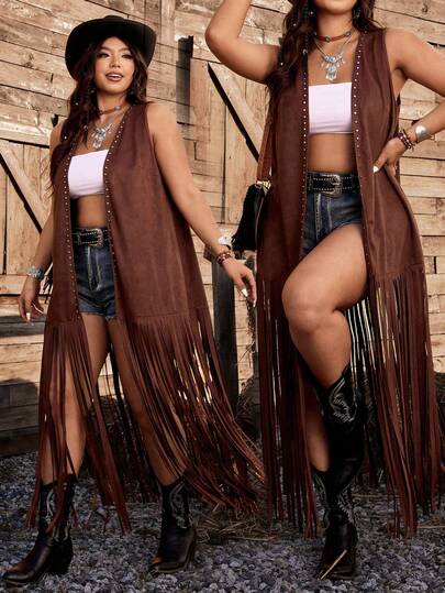 Ceyna Plus Size Women's Western Style Long Beaded Fringe Sleeveless Jacket