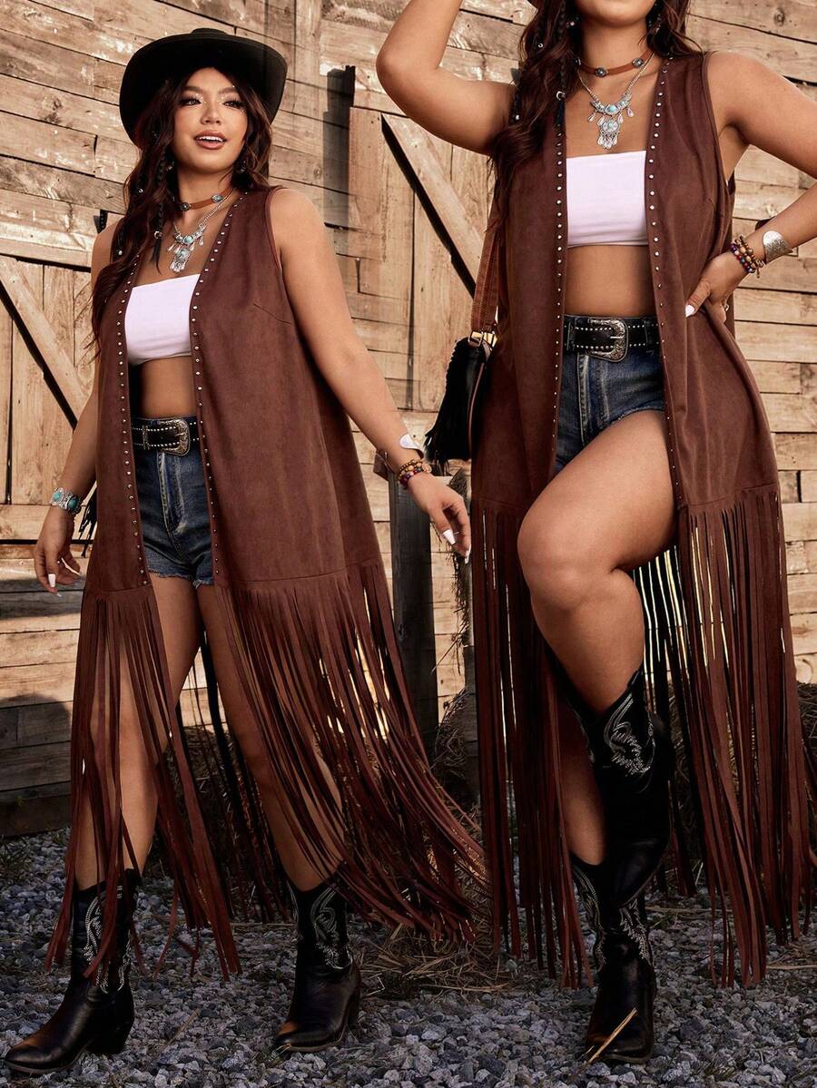 Plus Size Women's Western Style Long Beaded Fringe Sleeveless Jacket - Rust Brown - View 1