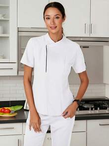 TaskEZ Women's Short Sleeve Surplice Neck Hidden Button Front Work Blouse - White - View 9