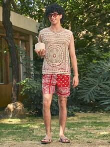 Open Phase Men's Holiday Beach Paisley Printed Drawstring Waist Shorts - Red - View 3