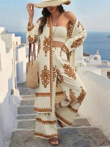 Breezaya Conjunto de 2 piezas de mujer con estampado vintage de otoño - Caqui - Ver 3