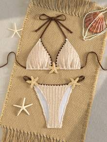 Swim Mod Beige,Summer,Casual,Beach,Vacation,Holiday Women Solid Triangle Cup Ruched Front Tie Strap Starfish Decor Two Pieces Swimwear Seashell Bikini Set - Beige - View 3