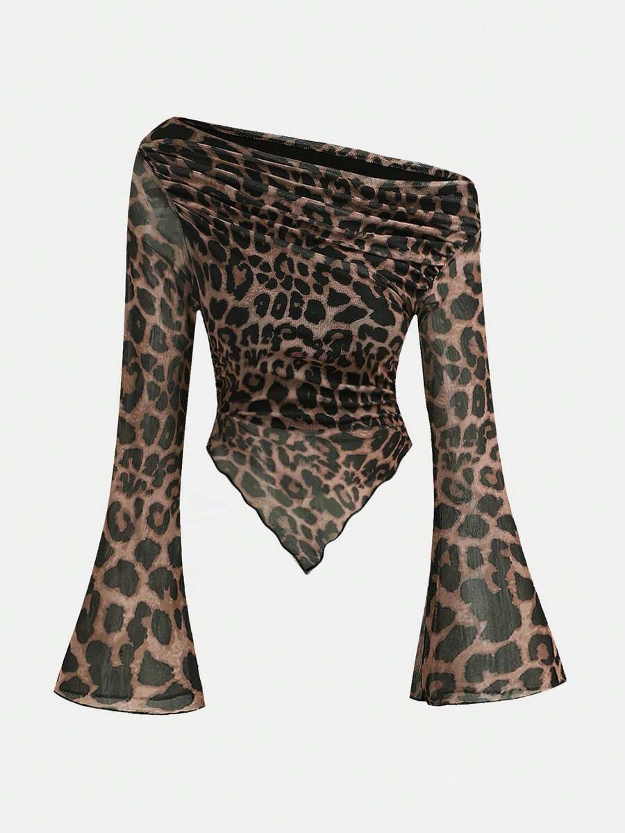 Girlism Tween Girls Asymmetric Shoulder Design Knit Printed Casual Fashionable Matching Family Leopard Pattern Top - Multicolor - View 1