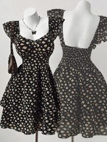 Sunspun 大码女式休闲/度假V领短袖收腰双层下摆迷你连衣裙，夏季 - 黑色 - 查看 1