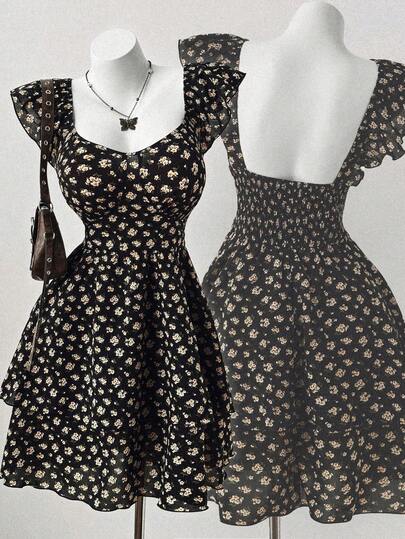 Sunspun Plus Size Women Casual/Holiday V-Neck Cap Sleeve Cinched Waist Double Layered Hem Mini Dress, Summer