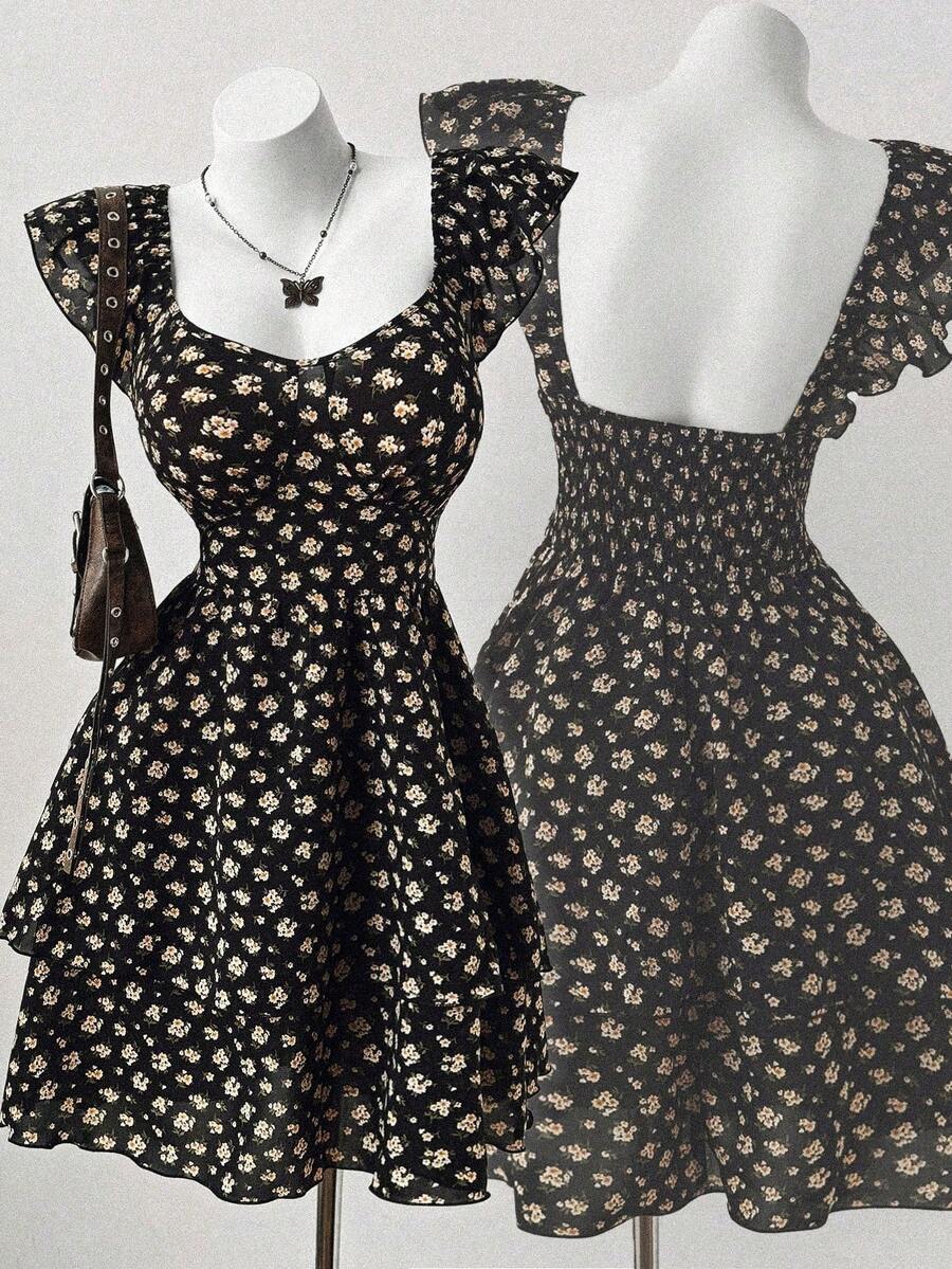 Sunspun 大码女式休闲/度假V领短袖收腰双层下摆迷你连衣裙，夏季 - 黑色 - 查看 1