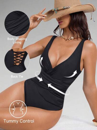 Shapewave Women's Solid Color Deep V-Neck Casual Beach Resort Pool One-Piece Swimsuit