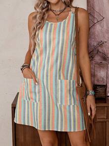 LanaWest Vestido casual mini con bloques de color y rayas al estilo occidental para mujer - Amarillo claro - Ver 8