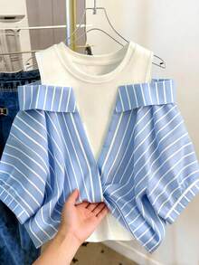 GlowEve 条纹仿两件式衬衫女式度假套装 - 藍色 - 查看 1