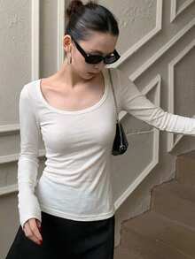 DAZY Camiseta interior de cuello redondo con cintura ajustada, color blanco sólido, adecuada para primavera y verano - Blanco - Ver 3