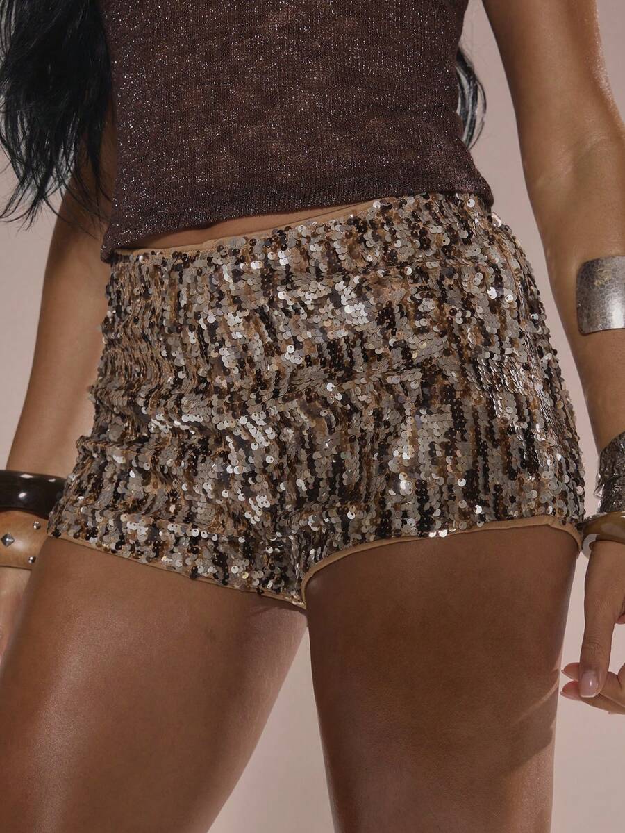 MUSERA 亮片低腰修身迷你短裤，夏季度假海滩伊比沙岛可爱节日优雅樱桃月 - 金色 - 查看 1