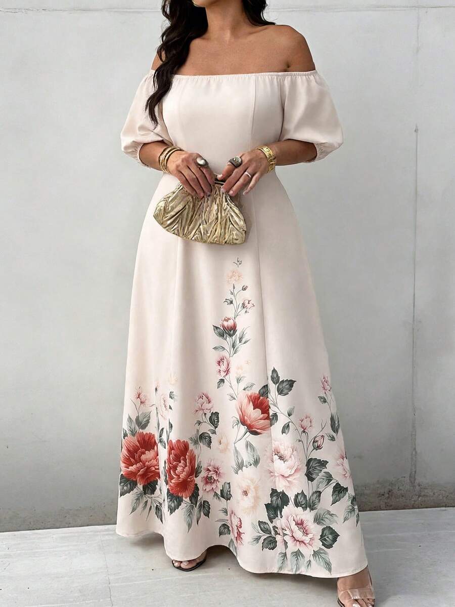 Weeklong Plus Size Women's Spring/Summer Strapless Waist-Cinched A-Line Dress With Exquisite Floral Placement Print, Elegant - Multicolor - View 1