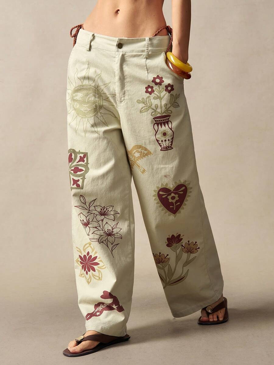 Bohemela Women's Casual Woven Straight Leg Pants Patterned Wideleg Pants - Apricot - View 1